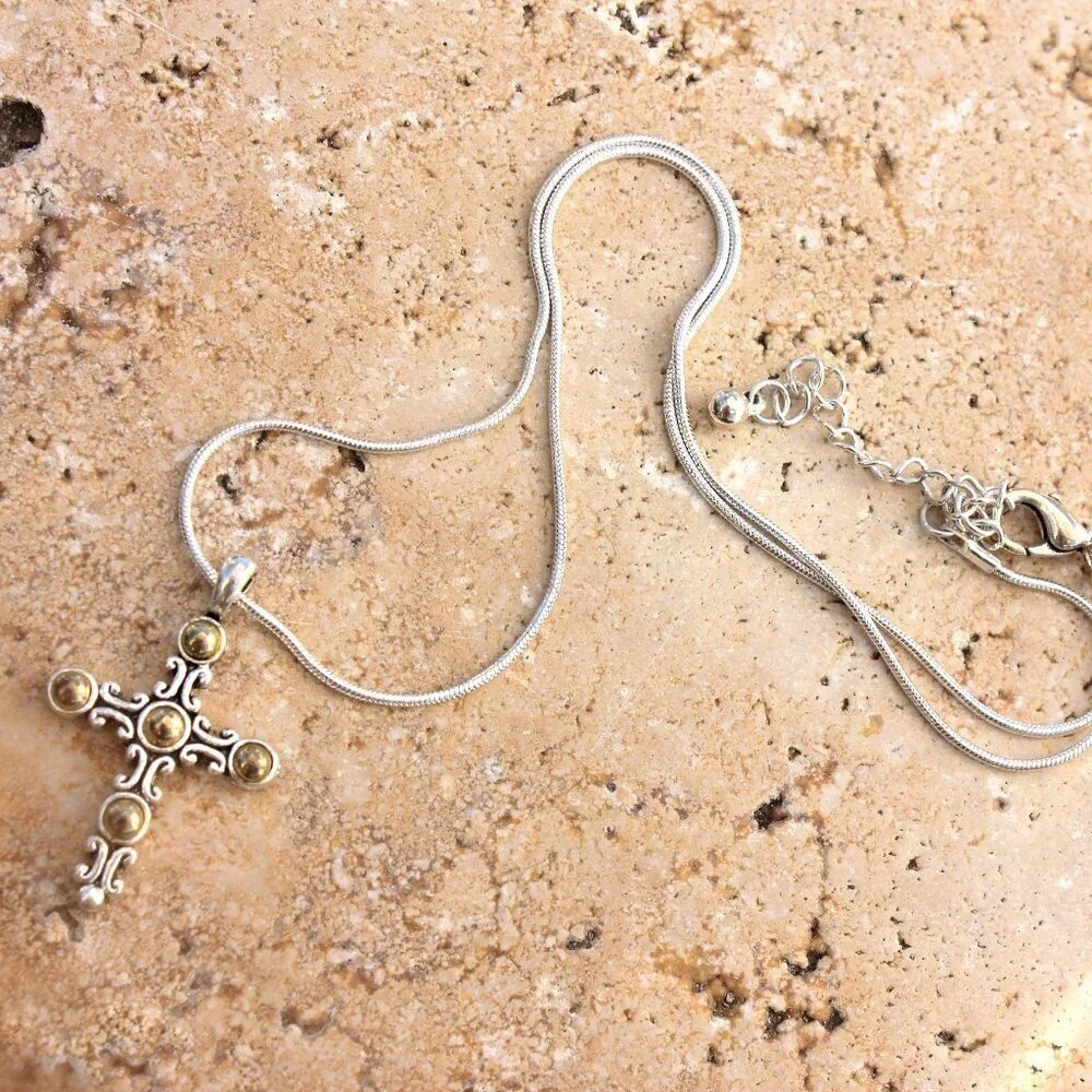 Two Tone Dot Design Cross Necklace - New w/Tags